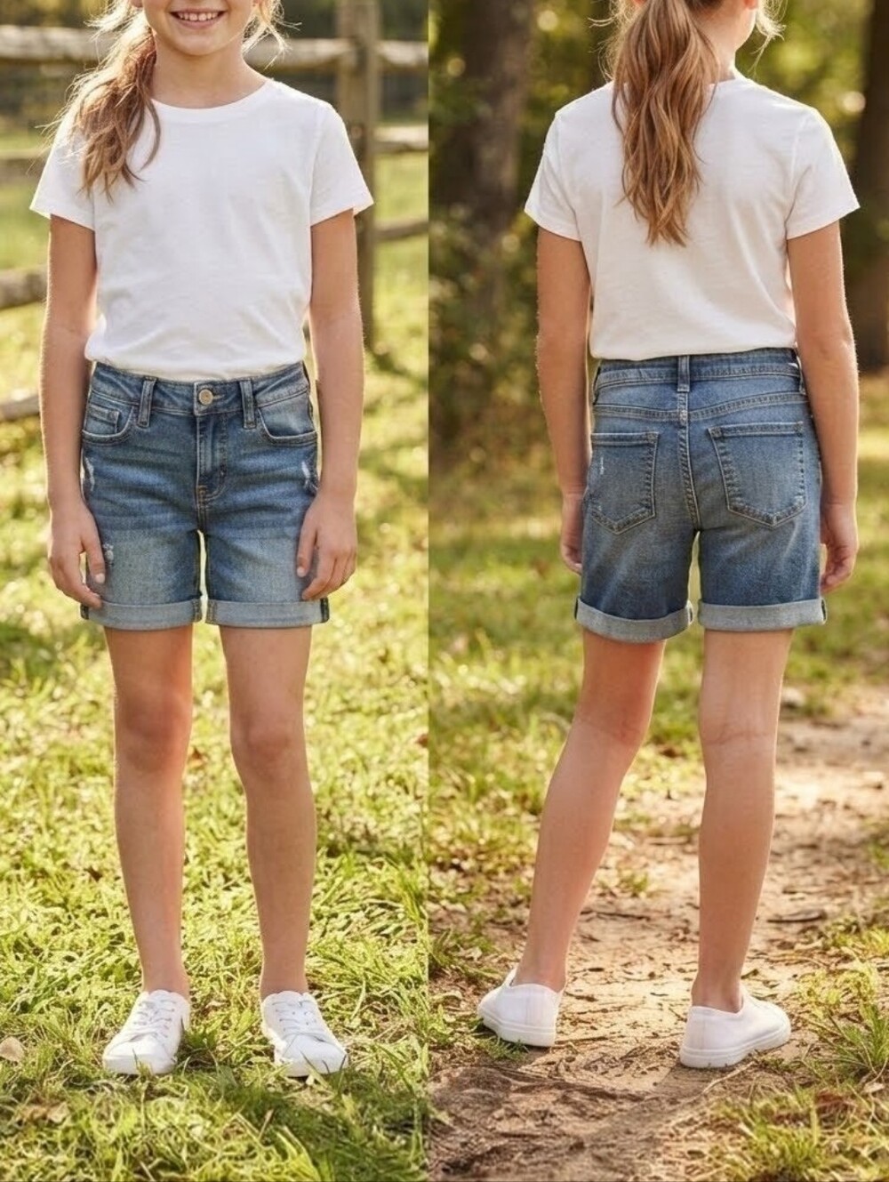 So Fun Versatile Girls Adjustable Blue Denim Roll-Cuff Hem Shorts Casual Classic